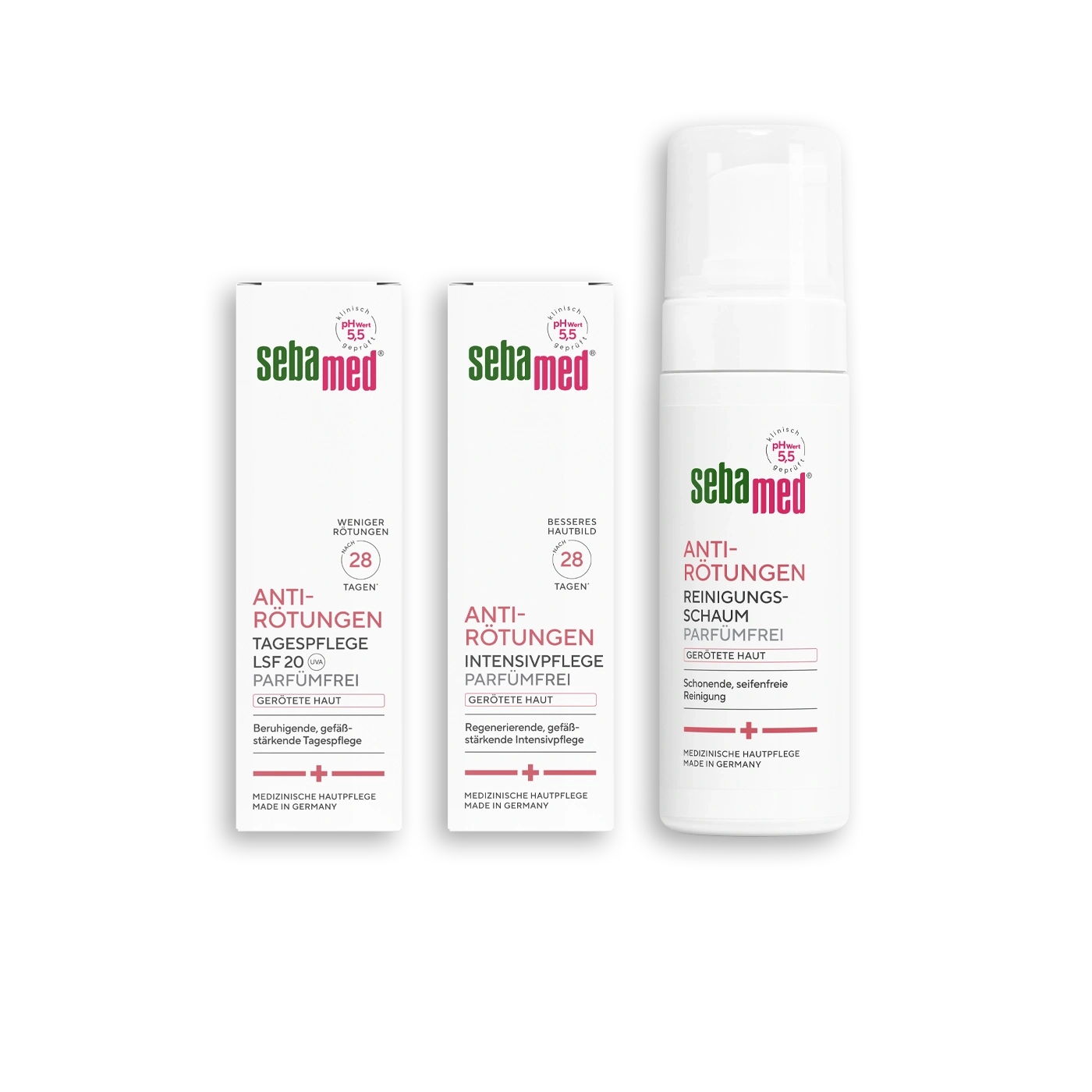 Drei Sebamed Anti-Rötungen Produkte mit Hautpflege-Informationen auf Deutsch.