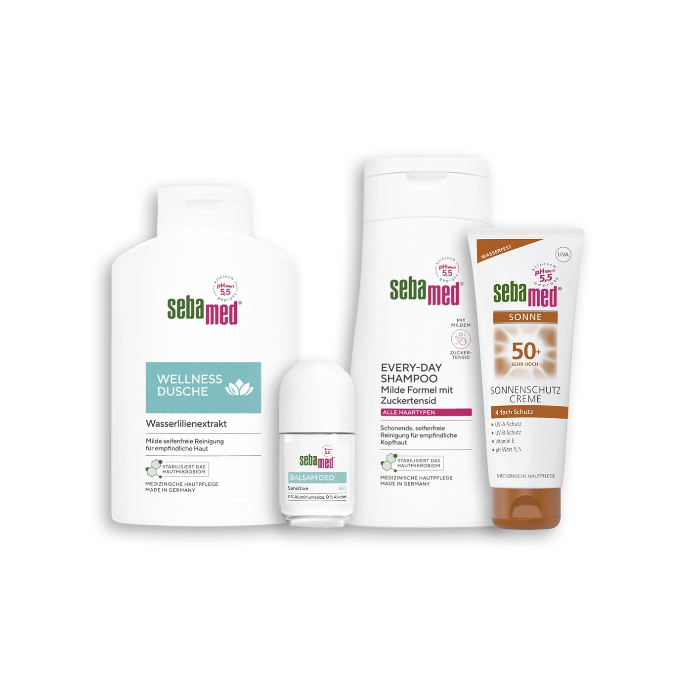 Sebamed Wellness Dusche, Every-Day Shampoo, Balsam Deo und Sonnenschutz Creme.