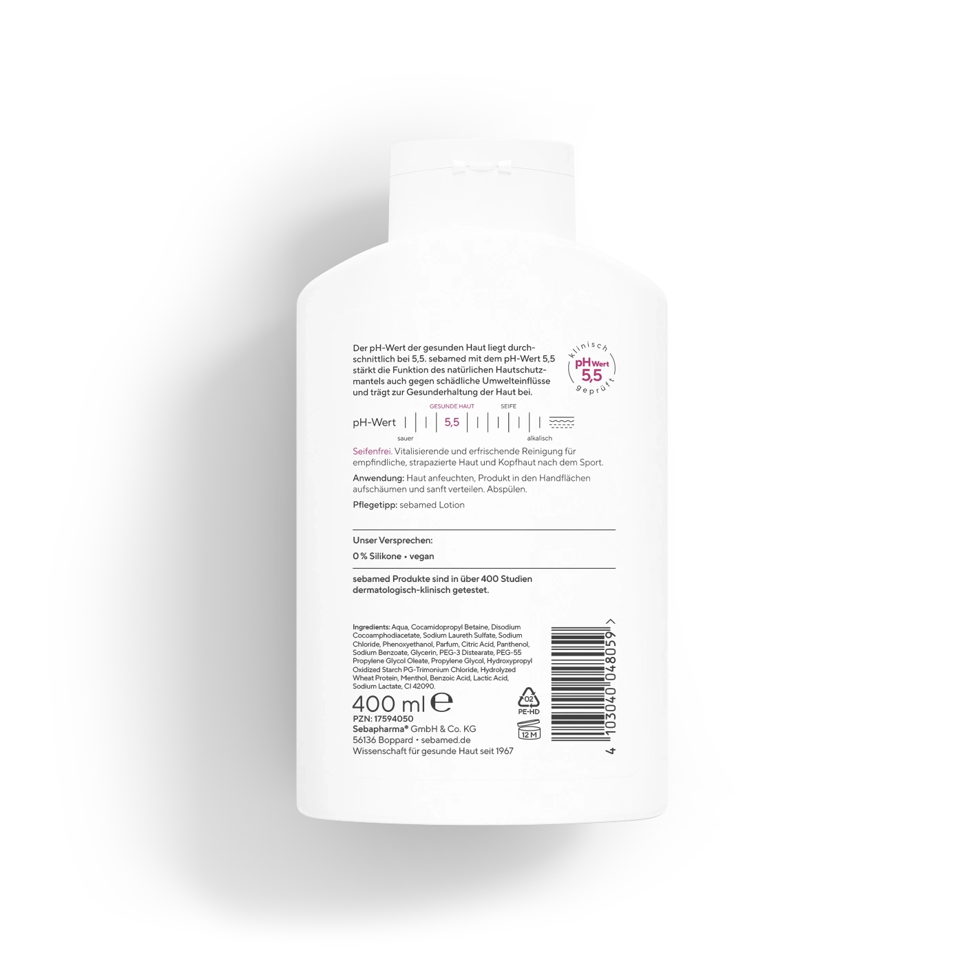 Flaschenetikett mit Produktinformationen und Inhaltsstoffen für sebamed Waschlotion.
