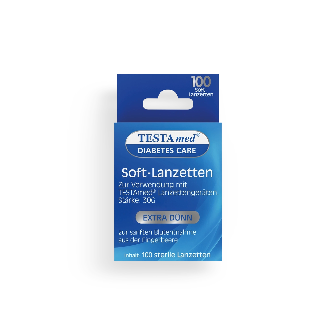 Packung Soft-Lanzetten, TESTA med, 100 Stück, extra dünn, Diabetes Care, zur Fingerbeere Blutentnahme