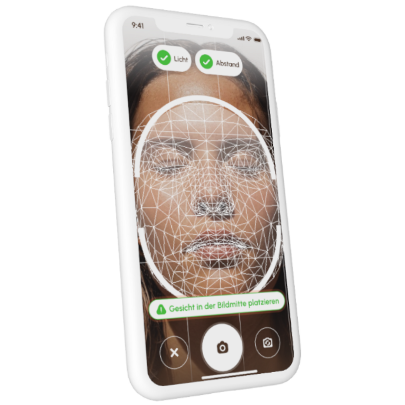 Gesichtserkennung auf einem Smartphone mit 3D-Gitter und Anweisungen.