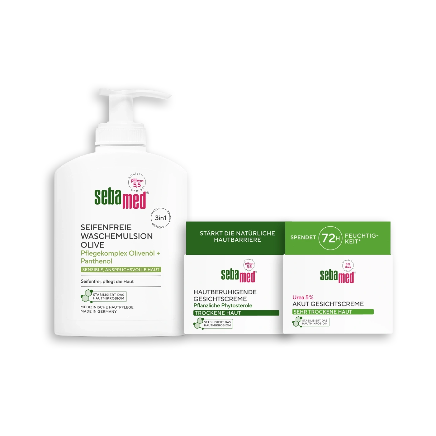 Sebamed Seifenfreie Waschemulsion Olive und Akut Gesichtscreme mit Urea.